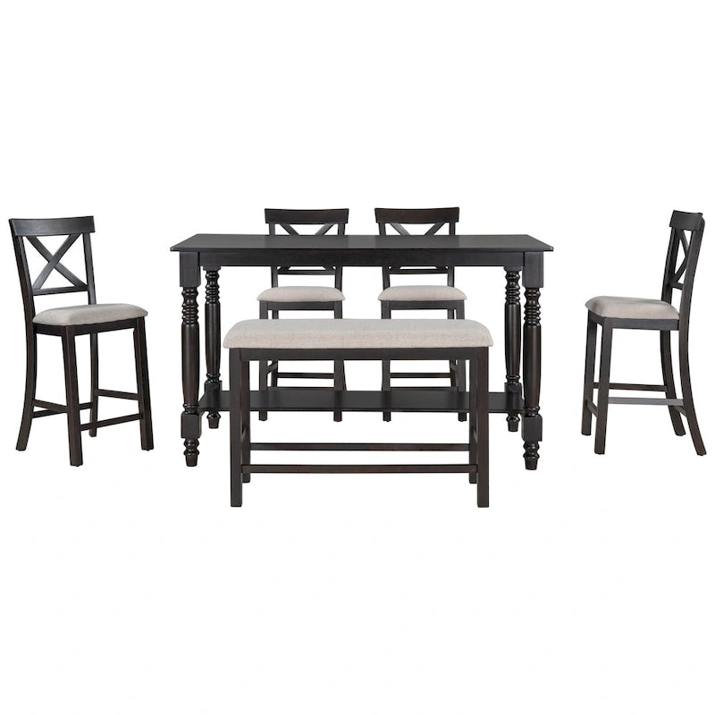 Espresso 6-Piece Counter Height Wooden Dining Table Set with 4 Chairs & Bench