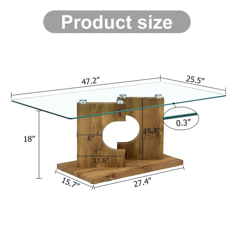 47.2  Modern Rectangular Coffee Table with Tempered Glass Tabletop and MDF Legs