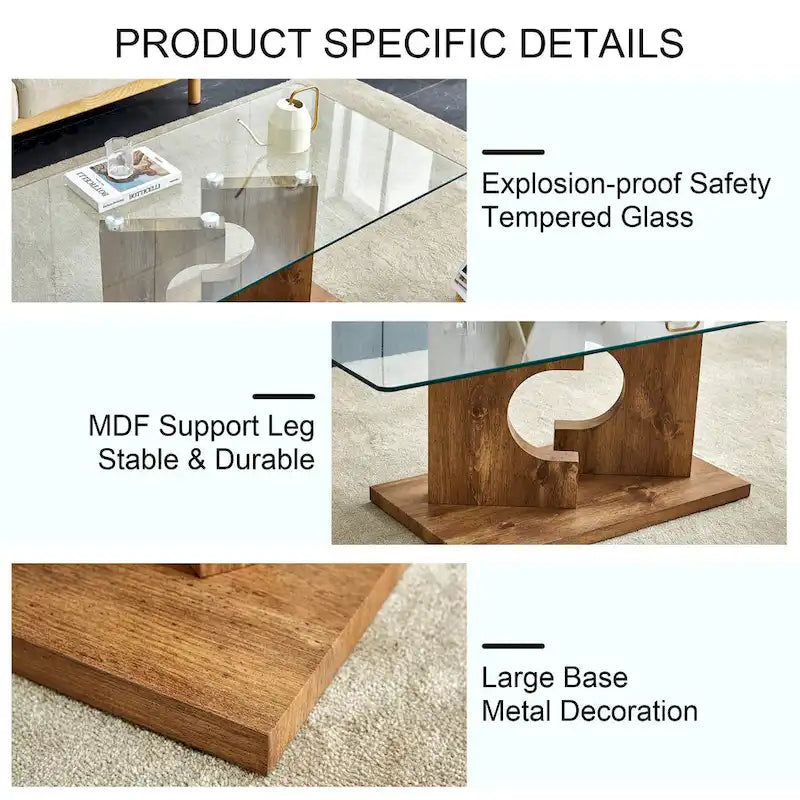 47.2  Modern Rectangular Coffee Table with Tempered Glass Tabletop and MDF Legs