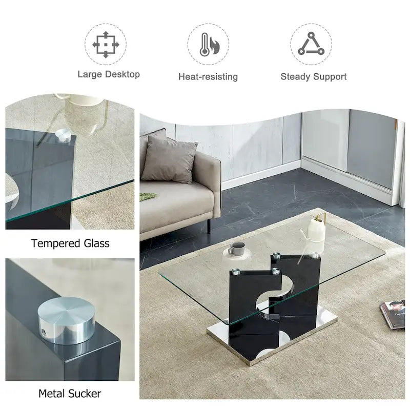 47.2  Modern Rectangular Coffee Table with Tempered Glass Tabletop and MDF Legs