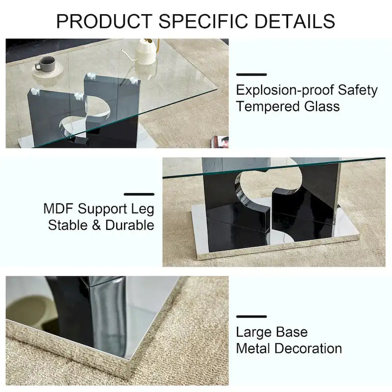 47.2  Modern Rectangular Coffee Table with Tempered Glass Tabletop and MDF Legs