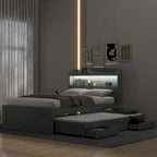 Gray Twin XL Platform Bed with LED Headboard & Drawers