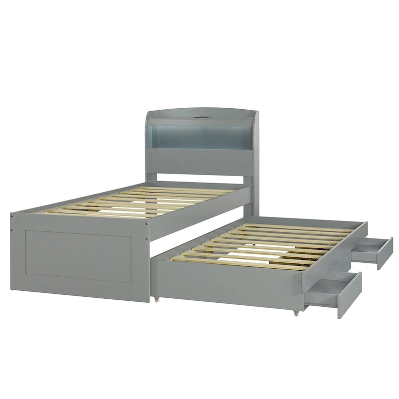 Gray Twin XL Platform Bed with LED Headboard & Drawers