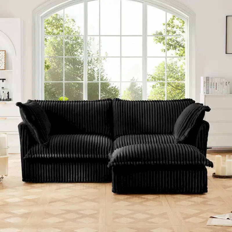 Corduroy 2-Seater Sectional Sofa with Convertible Ottoman & Pillows