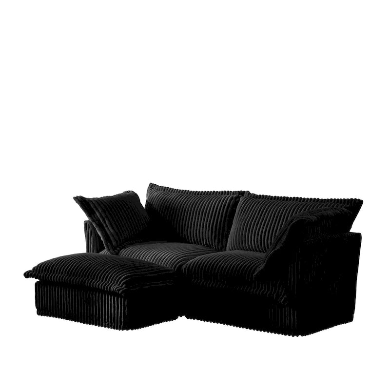 Corduroy 2-Seater Sectional Sofa with Convertible Ottoman & Pillows