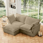 Corduroy 2-Seater Sectional Sofa with Convertible Ottoman & Pillows