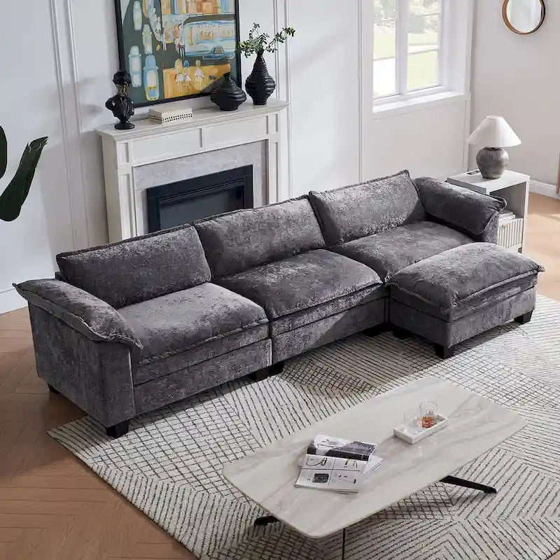 120  Chenille L-Shaped Modular Sofa with Ottoman, Sleeper Design