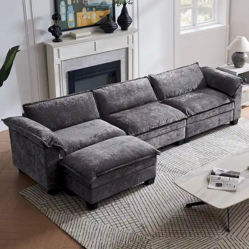 120  Chenille L-Shaped Modular Sofa with Ottoman, Sleeper Design
