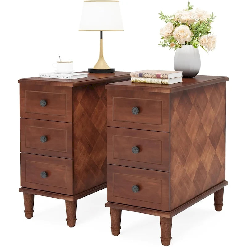 Solid Wood 3 - Drawer End Table Set,Fully Assembled Narrow Side Table