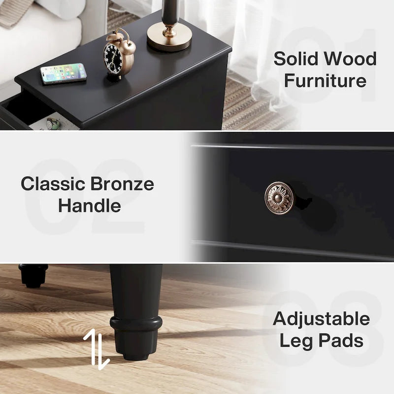 Solid Wood 3 - Drawer End Table Set,Fully Assembled Narrow Side Table