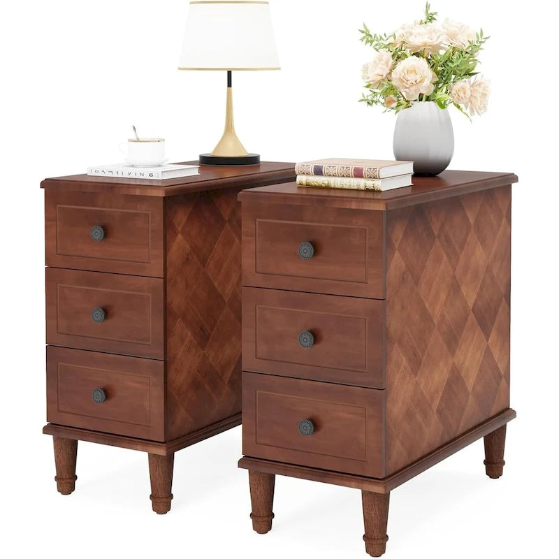 Solid Wood 3 - Drawer End Table Set,Fully Assembled Narrow Side Table
