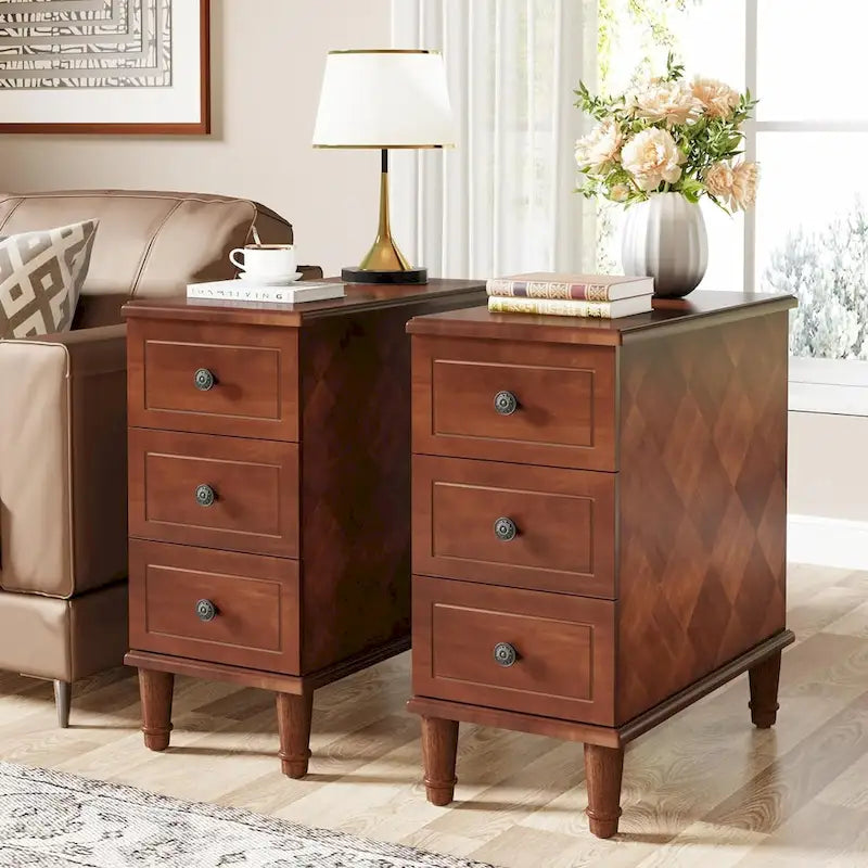 Solid Wood 3 - Drawer End Table Set,Fully Assembled Narrow Side Table