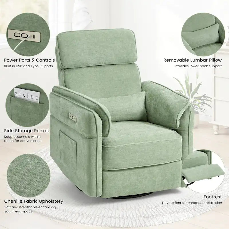 EROMMY Power Swivel Rocker Recliner Chair with Adjustable Headrest and Armrests, USB & Type-C Charging, Nursery Glider Recliner
