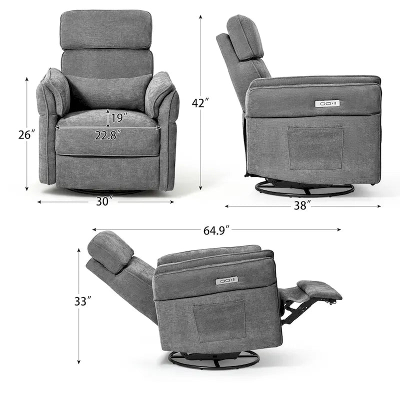 EROMMY Power Swivel Rocker Recliner Chair with Adjustable Headrest and Armrests, USB & Type-C Charging, Nursery Glider Recliner