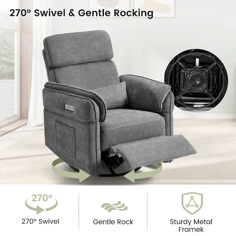 EROMMY Power Swivel Rocker Recliner Chair with Adjustable Headrest and Armrests, USB & Type-C Charging, Nursery Glider Recliner