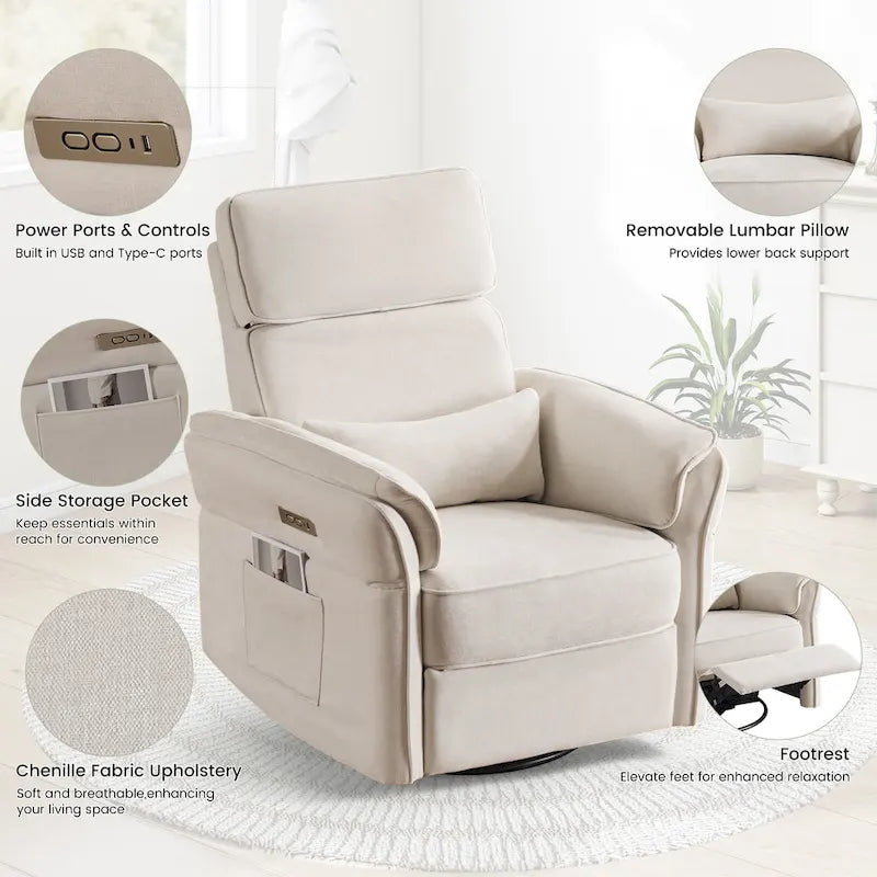 EROMMY Power Swivel Rocker Recliner Chair with Adjustable Headrest and Armrests, USB & Type-C Charging, Nursery Glider Recliner