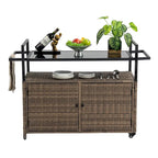 Outdoor Patio Wicker Bar Cart with Storage Cabinet and Glass Top, Rolling Rattan Beverage Bar Table w/360 Wheels & Open Shelve