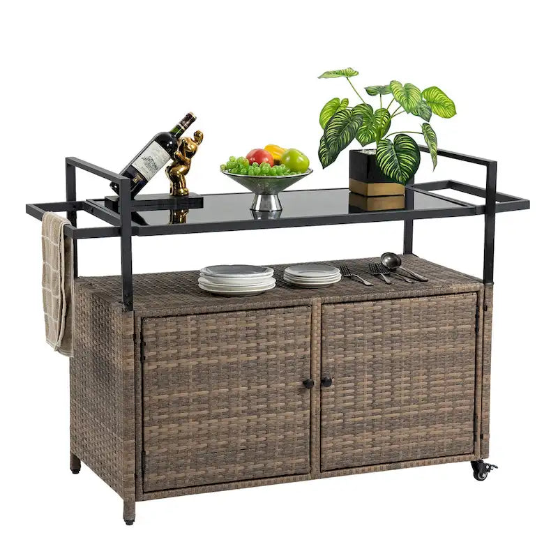 Outdoor Patio Wicker Bar Cart with Storage Cabinet and Glass Top, Rolling Rattan Beverage Bar Table w/360 Wheels & Open Shelve