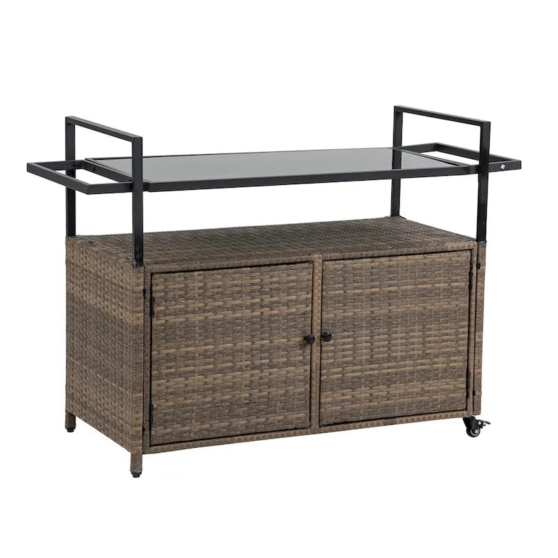 Outdoor Patio Wicker Bar Cart with Storage Cabinet and Glass Top, Rolling Rattan Beverage Bar Table w/360 Wheels & Open Shelve