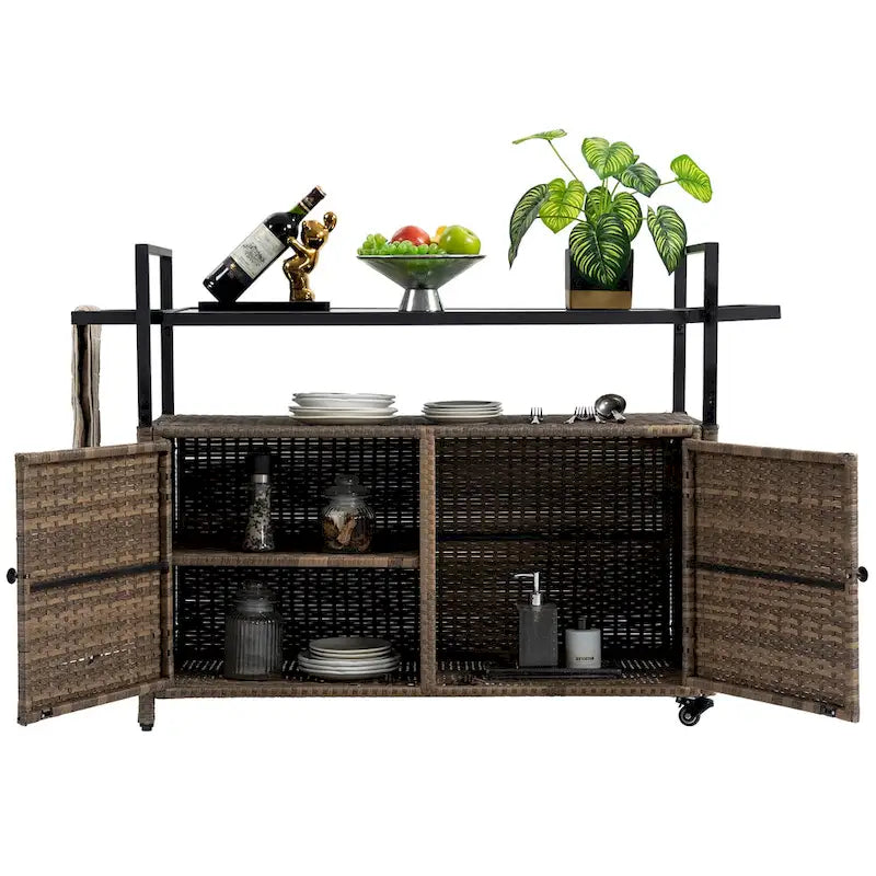 Outdoor Patio Wicker Bar Cart with Storage Cabinet and Glass Top, Rolling Rattan Beverage Bar Table w/360 Wheels & Open Shelve