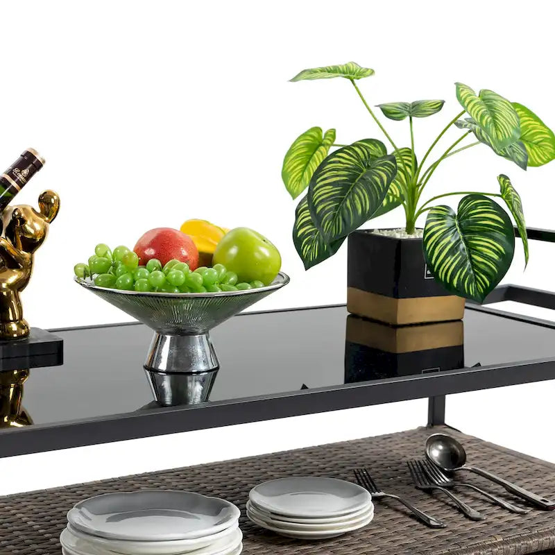 Outdoor Patio Wicker Bar Cart with Storage Cabinet and Glass Top, Rolling Rattan Beverage Bar Table w/360 Wheels & Open Shelve