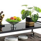 Outdoor Patio Wicker Bar Cart with Storage Cabinet and Glass Top, Rolling Rattan Beverage Bar Table w/360 Wheels & Open Shelve