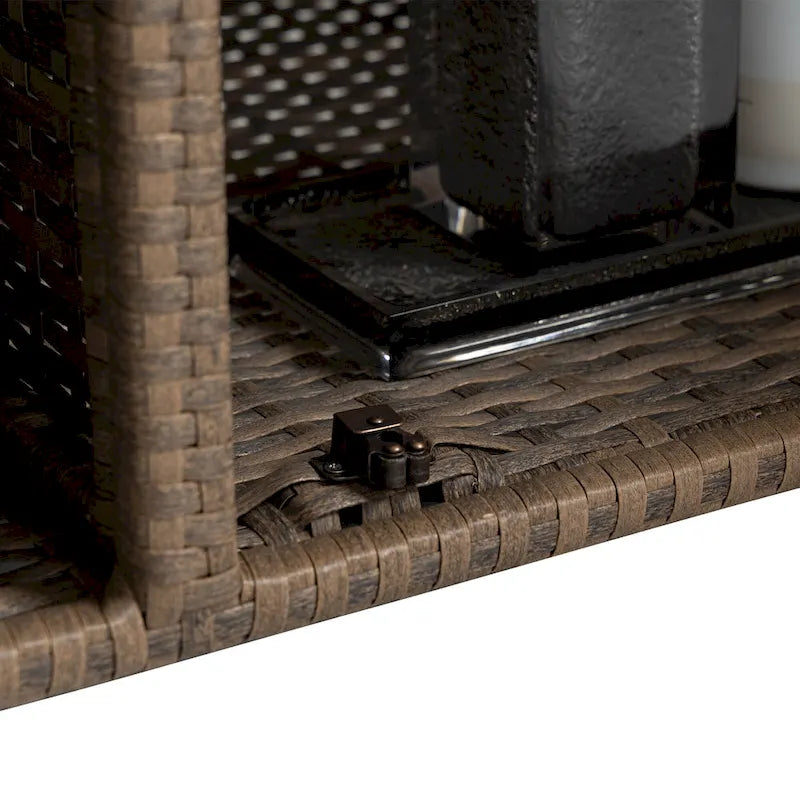 Outdoor Patio Wicker Bar Cart with Storage Cabinet and Glass Top, Rolling Rattan Beverage Bar Table w/360 Wheels & Open Shelve