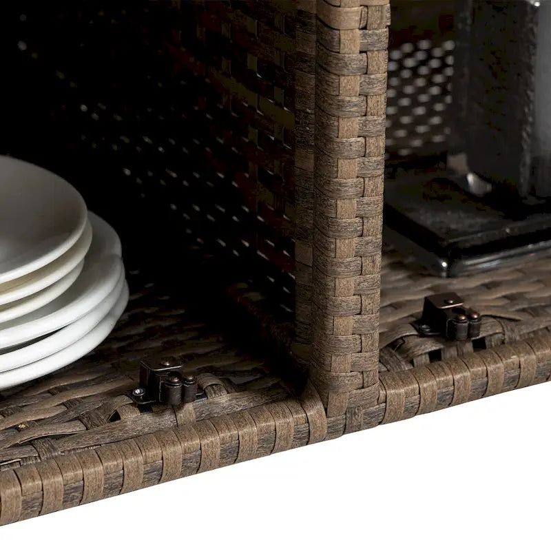 Outdoor Patio Wicker Bar Cart with Storage Cabinet and Glass Top, Rolling Rattan Beverage Bar Table w/360 Wheels & Open Shelve