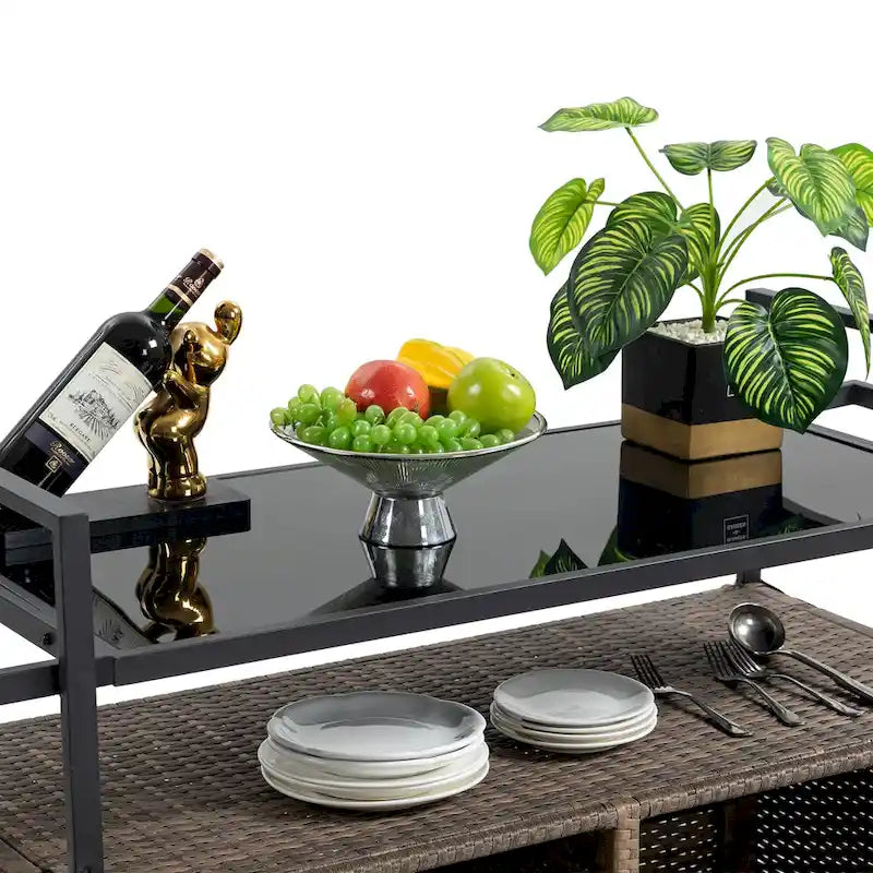 Outdoor Patio Wicker Bar Cart with Storage Cabinet and Glass Top, Rolling Rattan Beverage Bar Table w/360 Wheels & Open Shelve