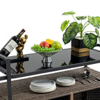 Outdoor Patio Wicker Bar Cart with Storage Cabinet and Glass Top, Rolling Rattan Beverage Bar Table w/360 Wheels & Open Shelve