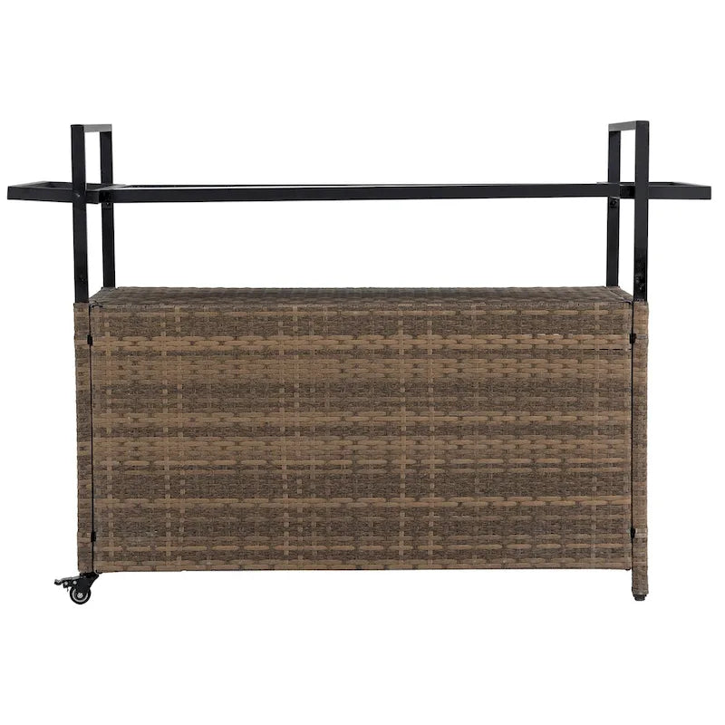 Outdoor Patio Wicker Bar Cart with Storage Cabinet and Glass Top, Rolling Rattan Beverage Bar Table w/360 Wheels & Open Shelve
