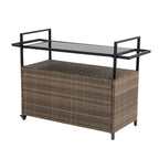 Outdoor Patio Wicker Bar Cart with Storage Cabinet and Glass Top, Rolling Rattan Beverage Bar Table w/360 Wheels & Open Shelve