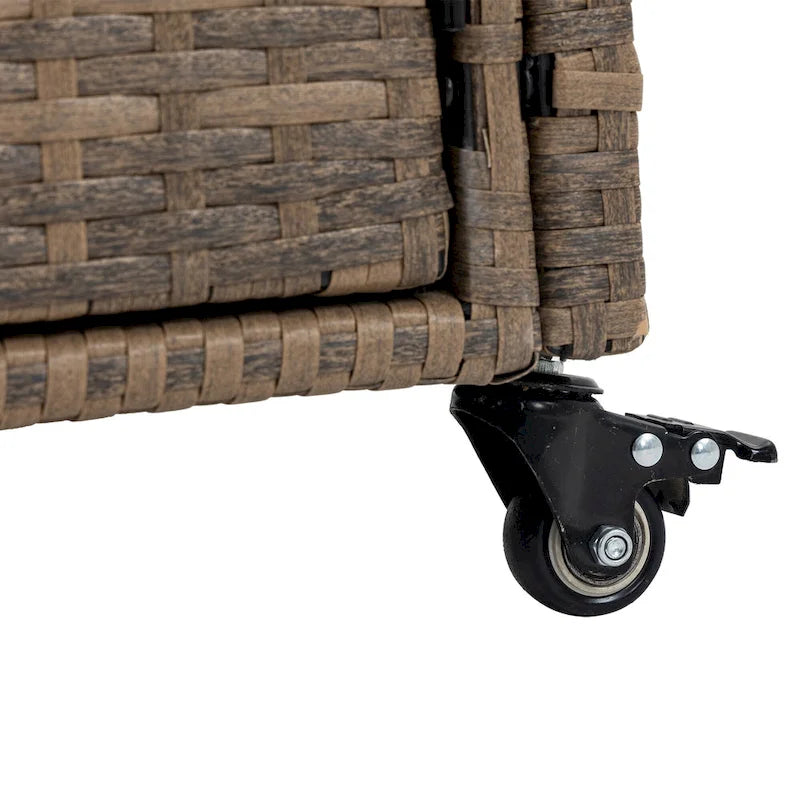 Outdoor Patio Wicker Bar Cart with Storage Cabinet and Glass Top, Rolling Rattan Beverage Bar Table w/360 Wheels & Open Shelve