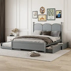 Queen Size Bed Frame with Twin XL Size Trundle and 2 Big Drawers, Wooden Platform Bed with Headboard and Slats Support