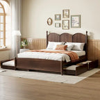 Queen Size Bed Frame with Twin XL Size Trundle and 2 Big Drawers, Wooden Platform Bed with Headboard and Slats Support