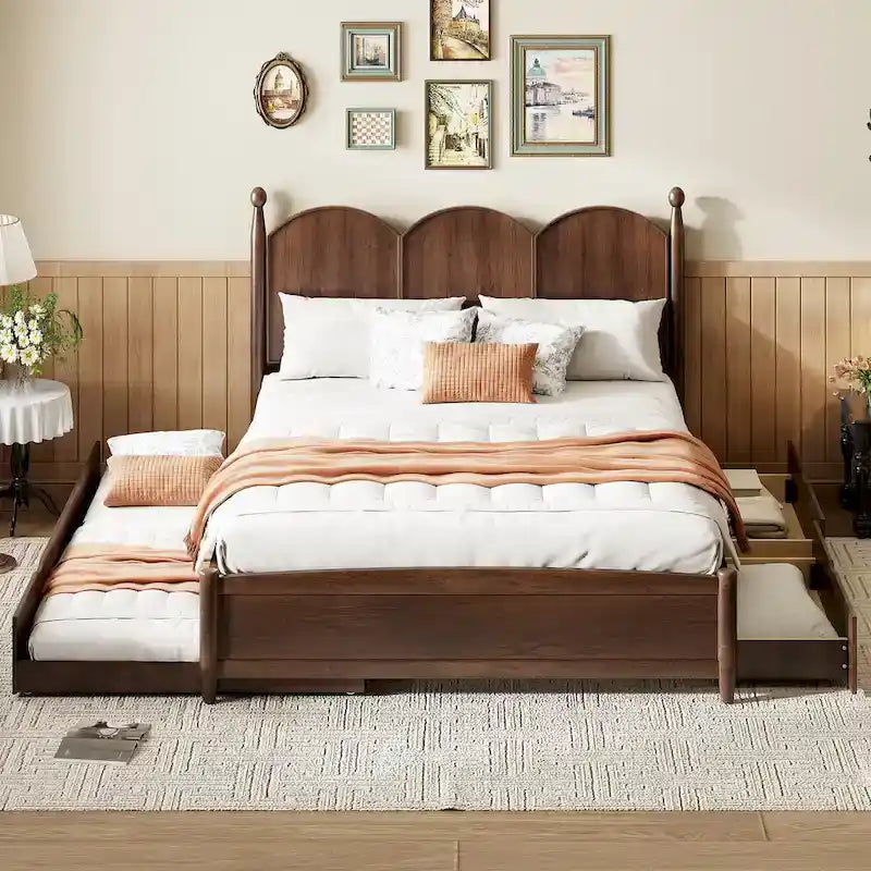 Queen Size Bed Frame with Twin XL Size Trundle and 2 Big Drawers, Wooden Platform Bed with Headboard and Slats Support