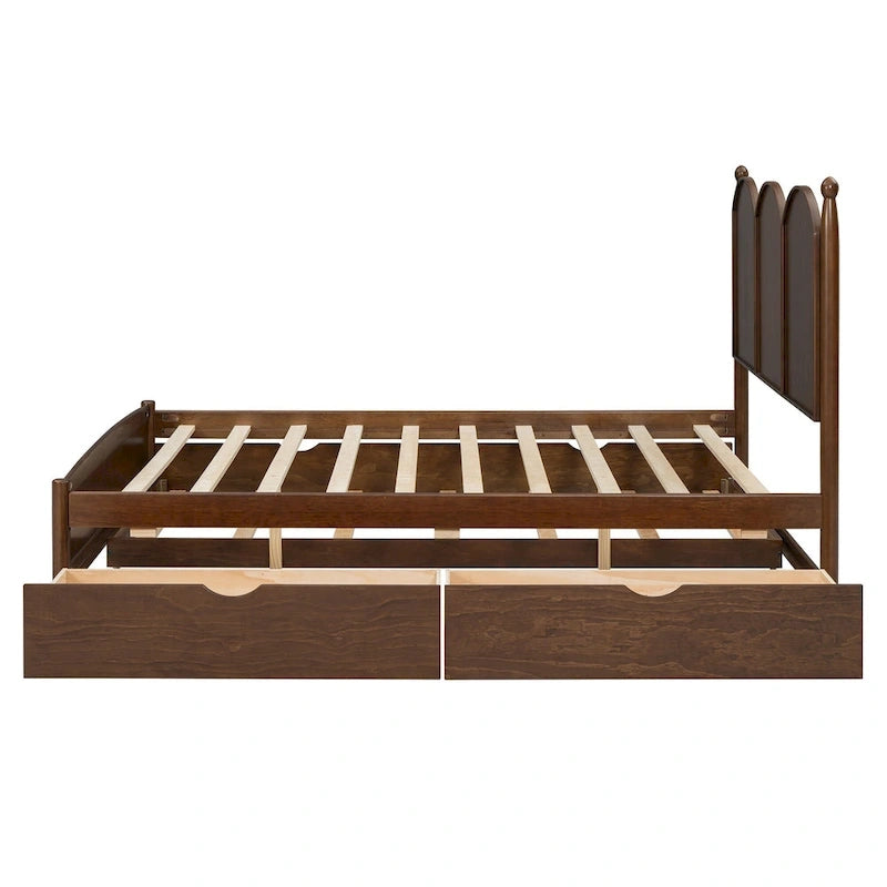 Queen Size Bed Frame with Twin XL Size Trundle and 2 Big Drawers, Wooden Platform Bed with Headboard and Slats Support