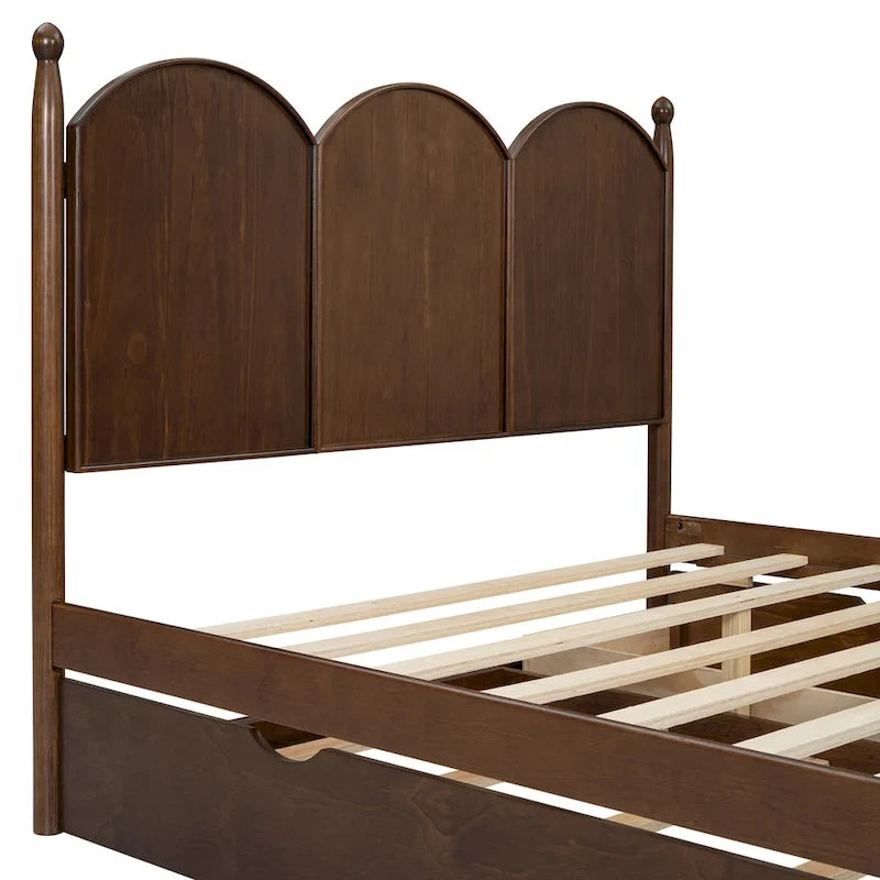 Queen Size Bed Frame with Twin XL Size Trundle and 2 Big Drawers, Wooden Platform Bed with Headboard and Slats Support