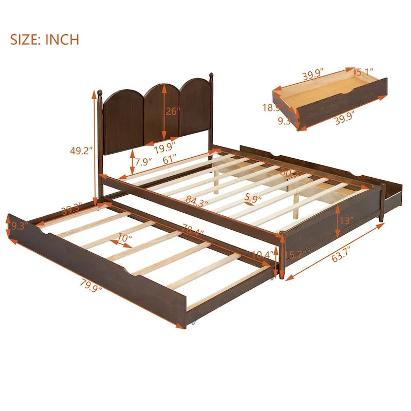 Queen Size Bed Frame with Twin XL Size Trundle and 2 Big Drawers, Wooden Platform Bed with Headboard and Slats Support