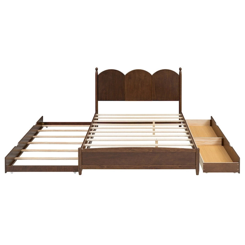 Queen Size Bed Frame with Twin XL Size Trundle and 2 Big Drawers, Wooden Platform Bed with Headboard and Slats Support
