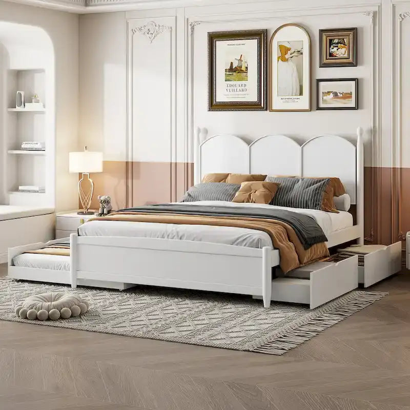 Queen Size Bed Frame with Twin XL Size Trundle and 2 Big Drawers, Wooden Platform Bed with Headboard and Slats Support