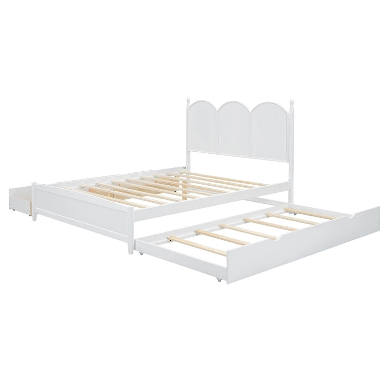 Queen Size Bed Frame with Twin XL Size Trundle and 2 Big Drawers, Wooden Platform Bed with Headboard and Slats Support