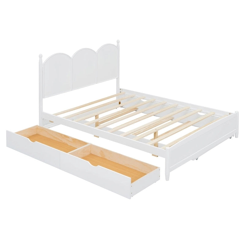 Queen Size Bed Frame with Twin XL Size Trundle and 2 Big Drawers, Wooden Platform Bed with Headboard and Slats Support