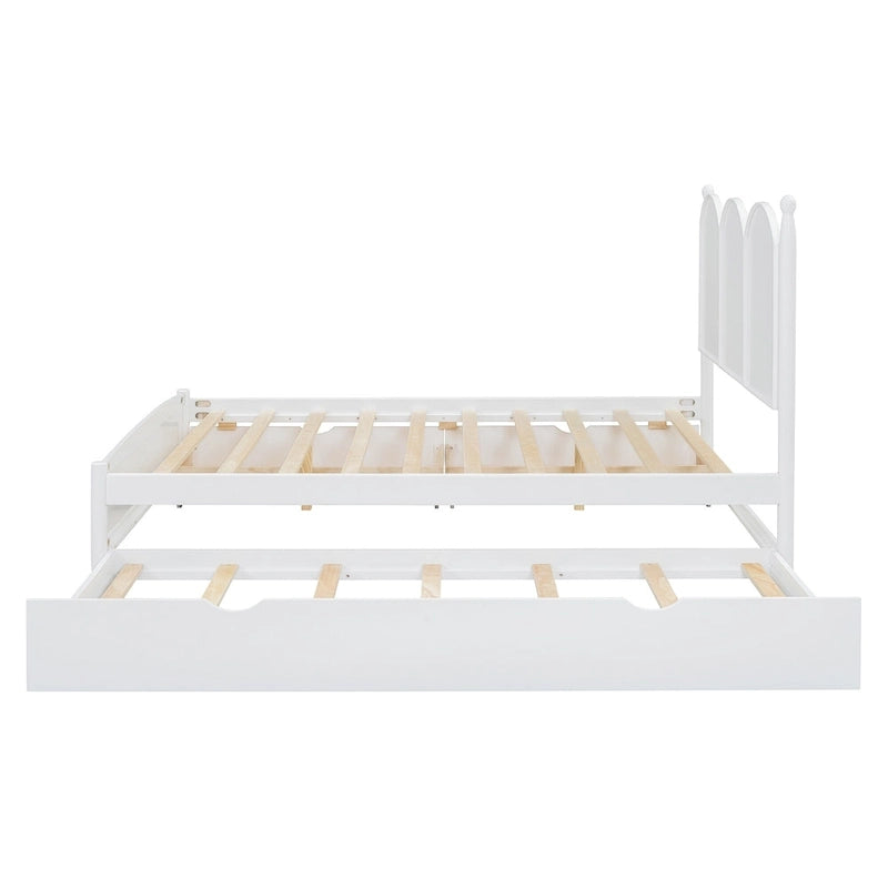 Queen Size Bed Frame with Twin XL Size Trundle and 2 Big Drawers, Wooden Platform Bed with Headboard and Slats Support