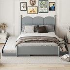 Queen Size Bed Frame with Twin XL Size Trundle and 2 Big Drawers, Wooden Platform Bed with Headboard and Slats Support