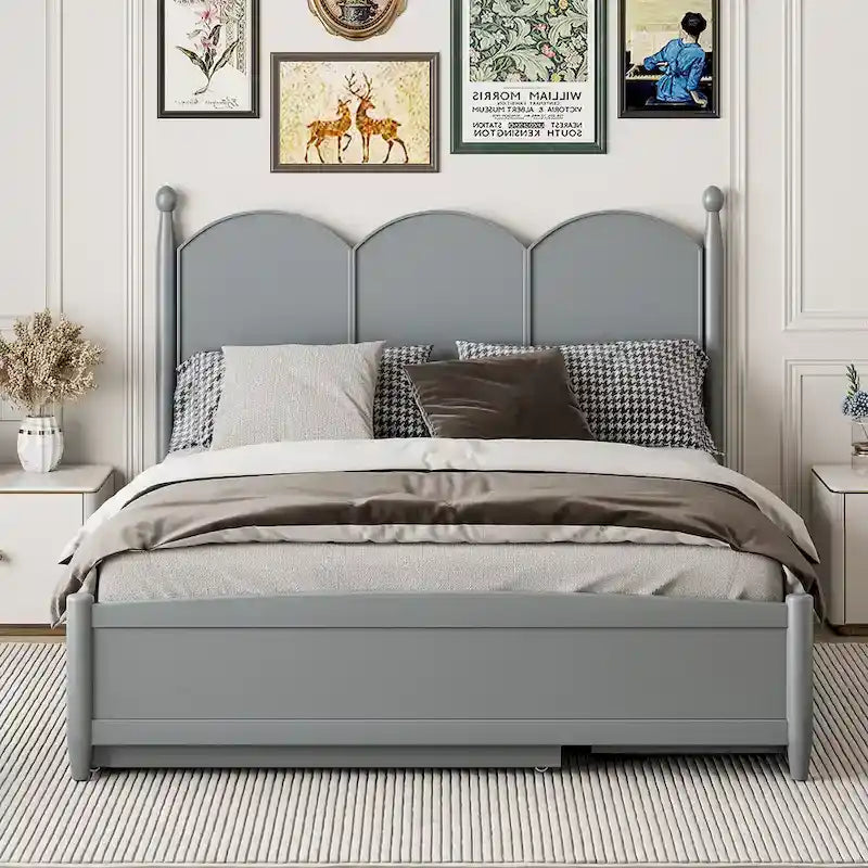 Queen Size Bed Frame with Twin XL Size Trundle and 2 Big Drawers, Wooden Platform Bed with Headboard and Slats Support