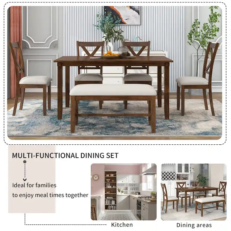Nestfair 6-Piece Dining Table Set with 4 Fabric Chairs and Bench