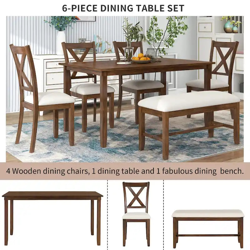 Nestfair 6-Piece Dining Table Set with 4 Fabric Chairs and Bench