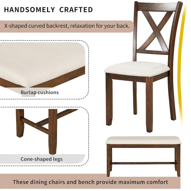 Nestfair 6-Piece Dining Table Set with 4 Fabric Chairs and Bench