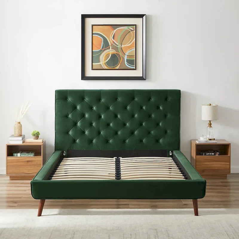 Annalisa Mid-Century Modern Velvet Platform Bed Dark Green